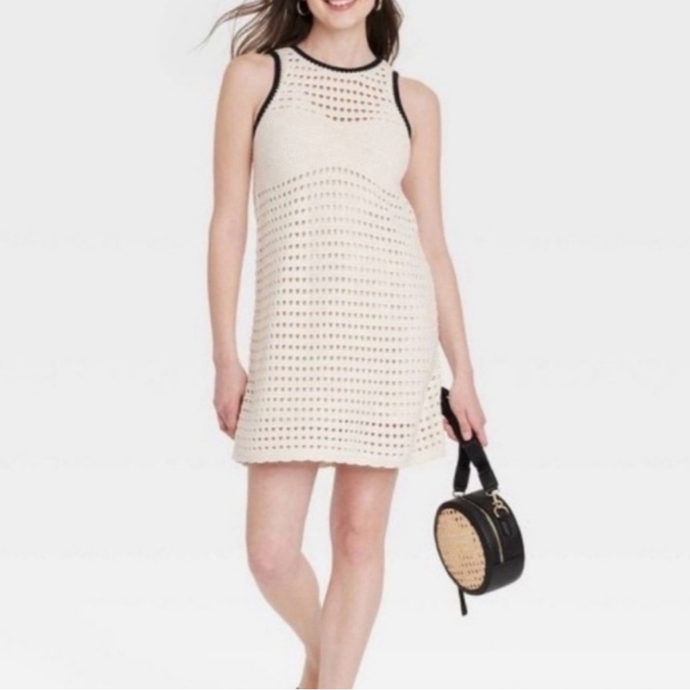 Universal Thread Cream Crochet Mini Dress with Black Trim